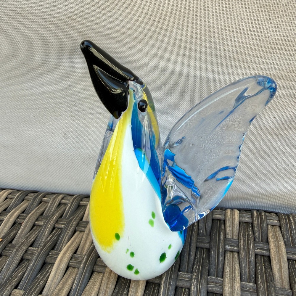 Murano Style Art Glass Bird Figurine Blue Yellow Clear Hand Blown